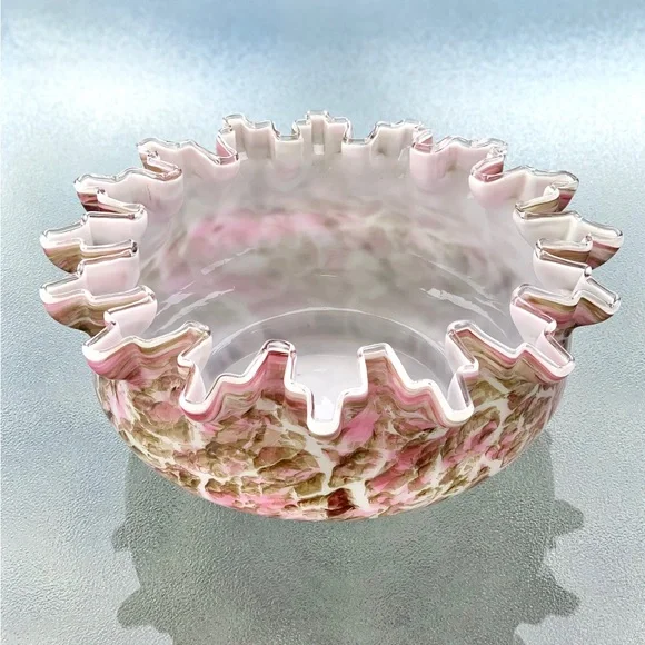 Ruffle Edge Pink and Brown Glass Centerpiece Bowl - Picture 2 of 8